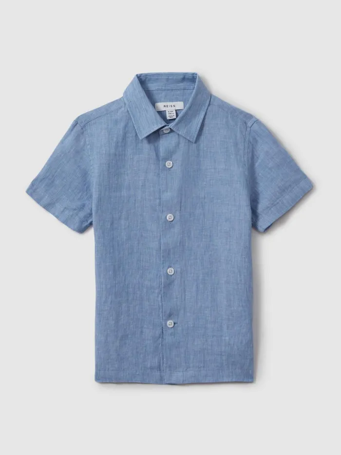Children Reiss Shirts Holiday Short Sleeve Linen Shirt Sky Blue