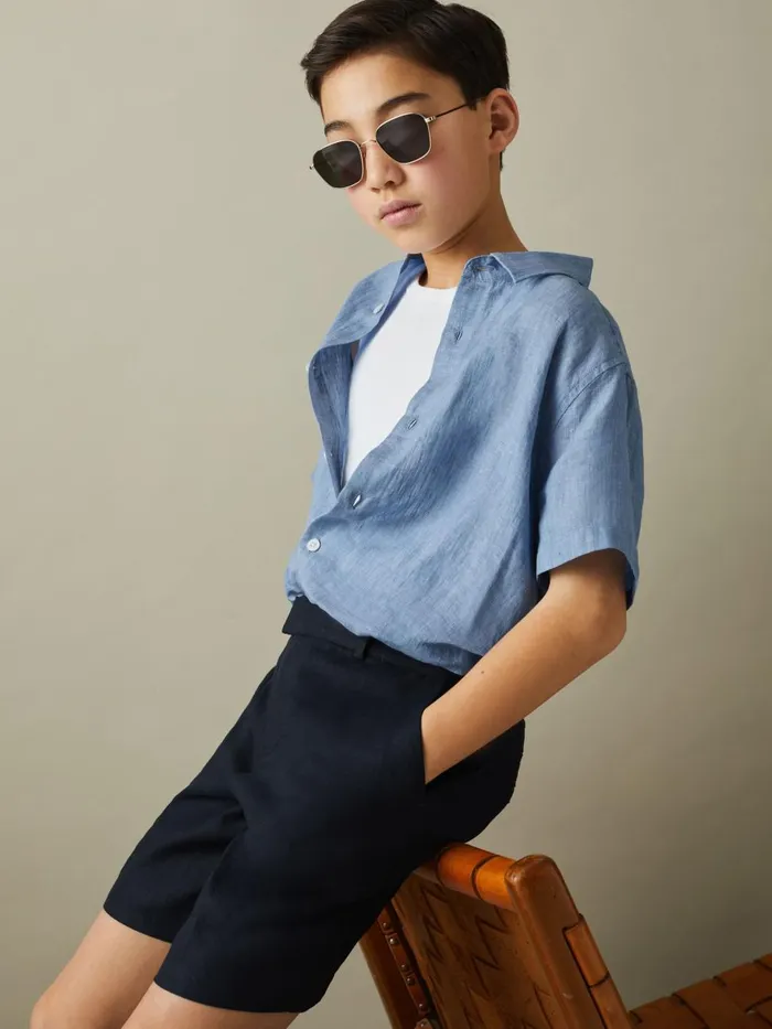 Children Reiss Shirts Holiday Short Sleeve Linen Shirt Sky Blue