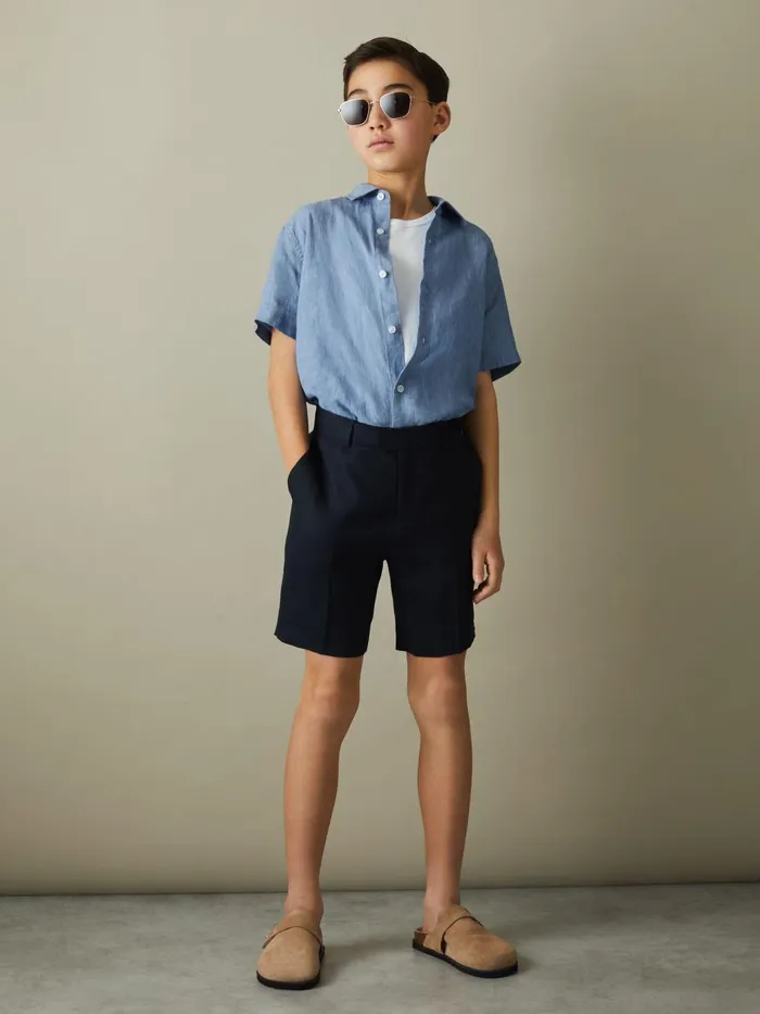 Children Reiss Shirts Holiday Short Sleeve Linen Shirt Sky Blue