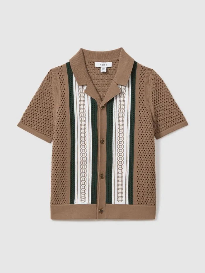 Children Reiss Shirts Jensen Embroidered Cuban Collar Shirt Camelgreen
