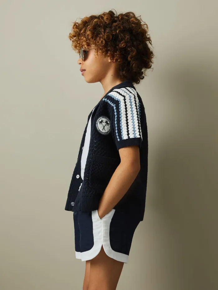 Children Reiss Shirts Sandy Knitted Cotton Cuban Collar Shirt Navy
