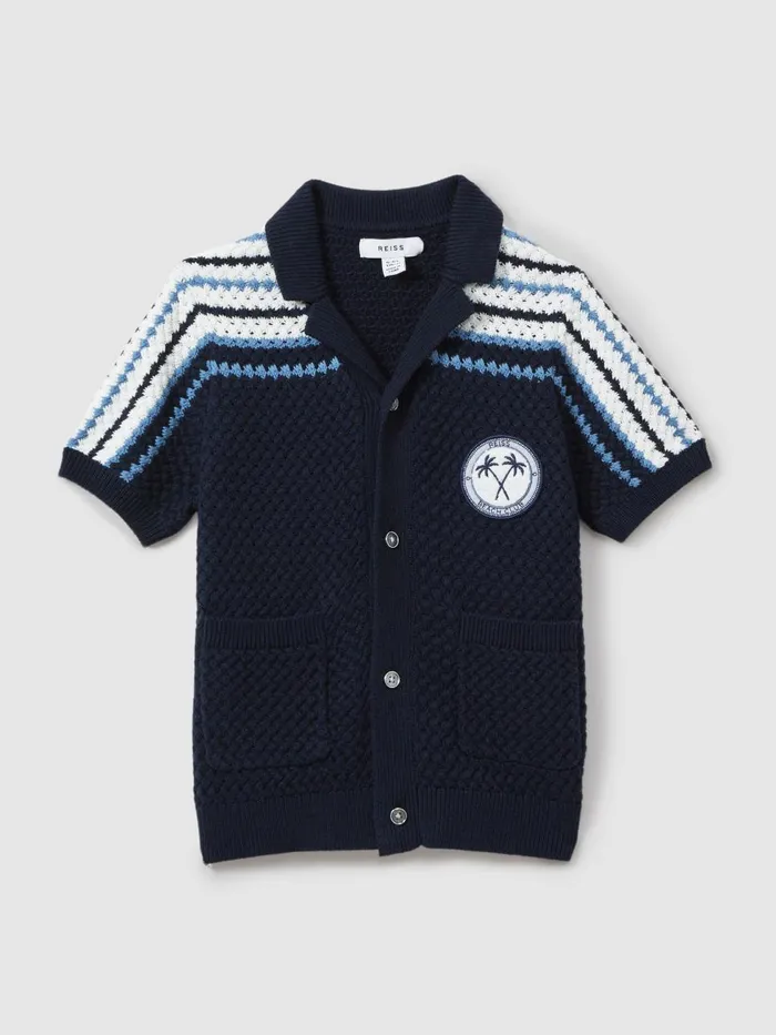 Children Reiss Shirts Sandy Knitted Cotton Cuban Collar Shirt Navy