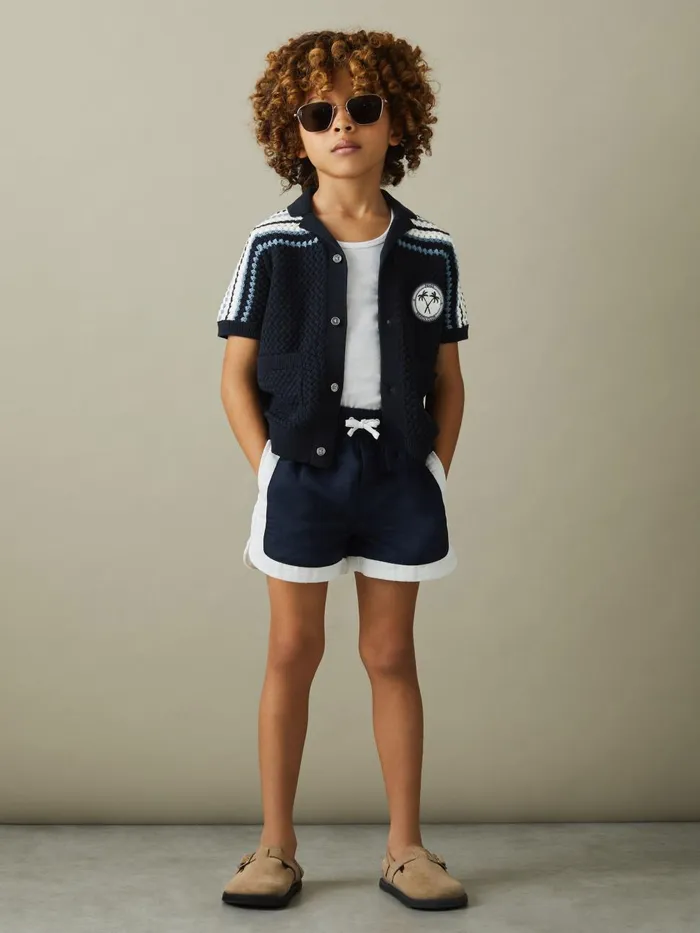 Children Reiss Shirts Sandy Knitted Cotton Cuban Collar Shirt Navy