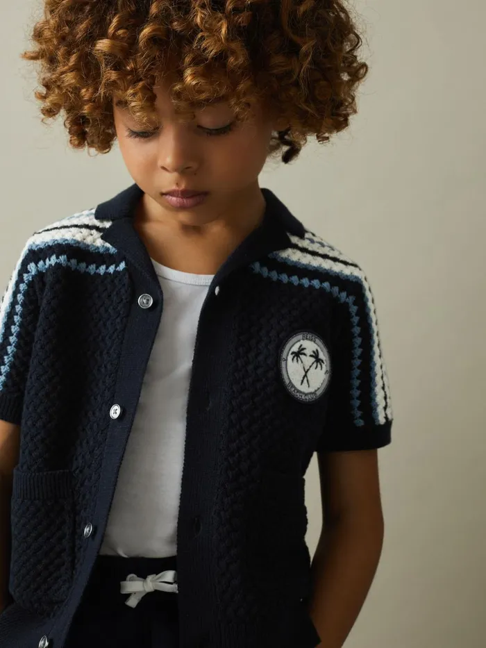 Children Reiss Shirts Sandy Knitted Cotton Cuban Collar Shirt Navy