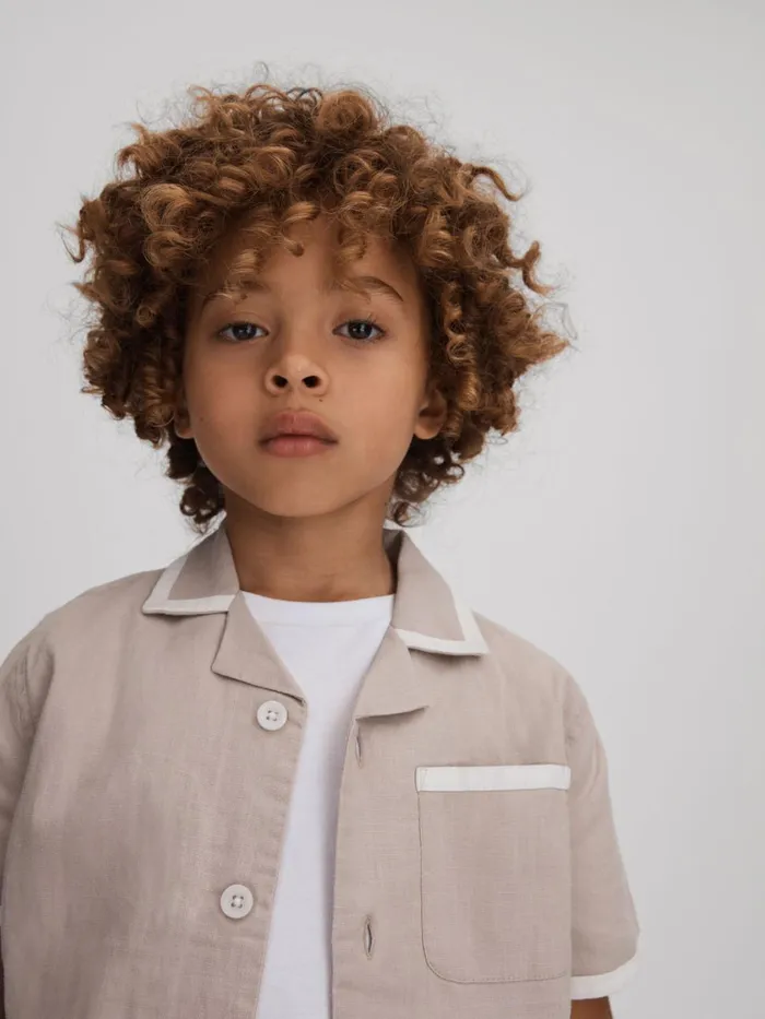 Children Reiss Shirts Vitan Linen Contrast Cuban Collar Shirt Stonewhite