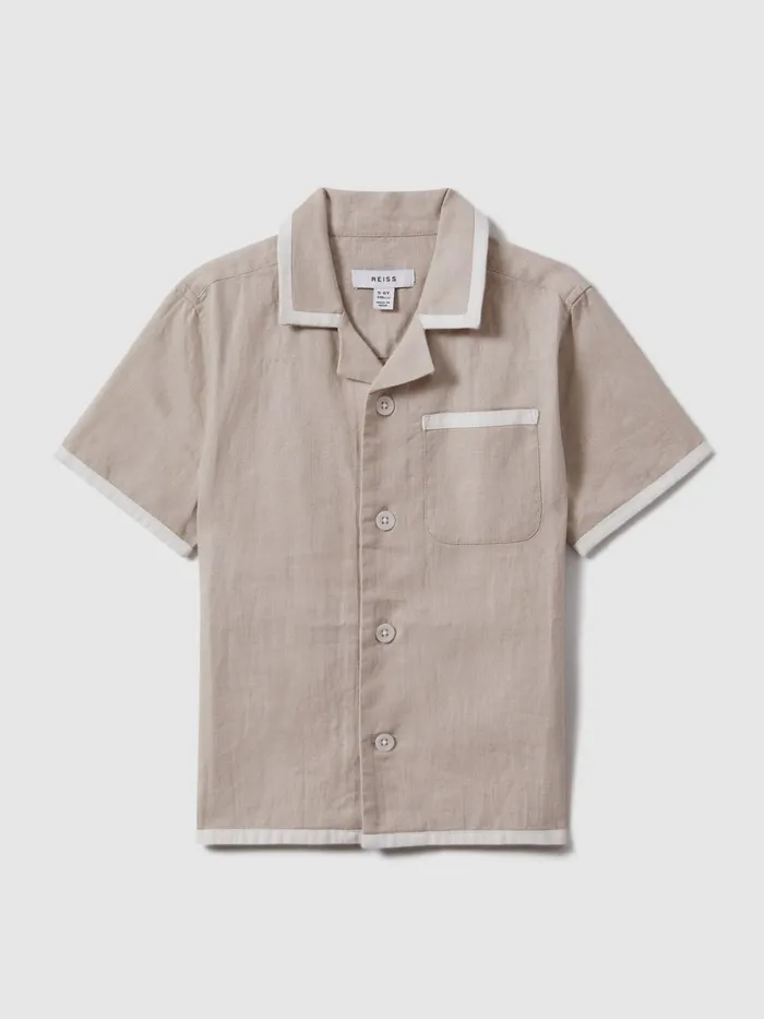 Children Reiss Shirts Vitan Linen Contrast Cuban Collar Shirt Stonewhite