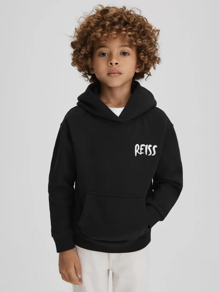 Children Reiss Sweats and Hoodies Newton Cotton Relaxed Motif Hoodie Washed Black
