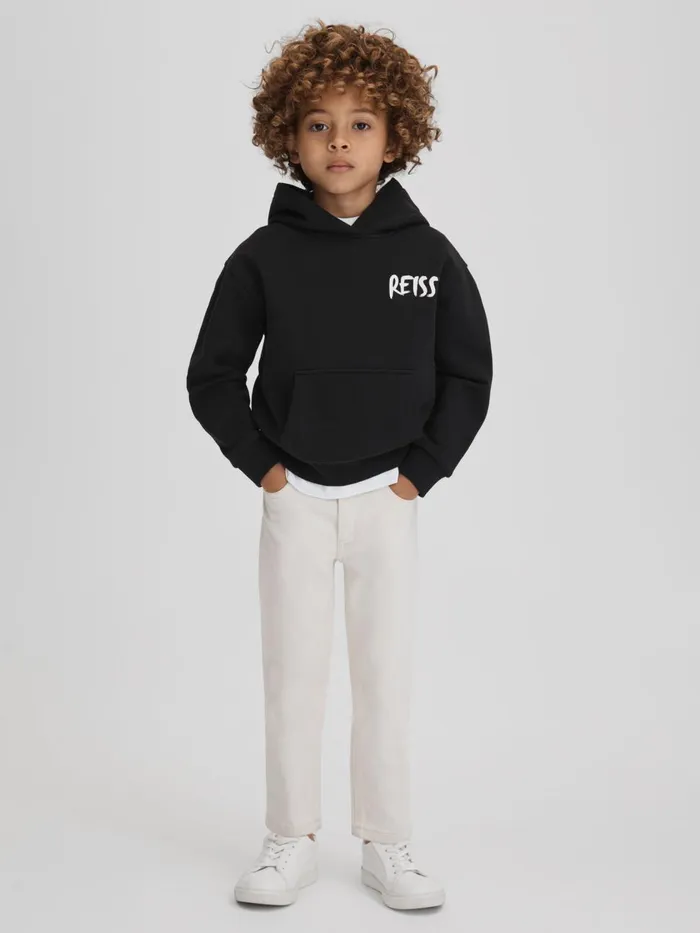 Children Reiss Sweats and Hoodies Newton Cotton Relaxed Motif Hoodie Washed Black