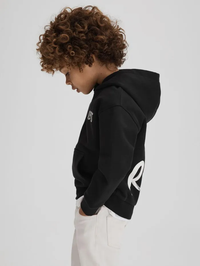 Children Reiss Sweats and Hoodies Newton Cotton Relaxed Motif Hoodie Washed Black