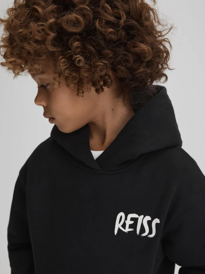 Children Reiss Sweats and Hoodies Newton Cotton Relaxed Motif Hoodie Washed Black