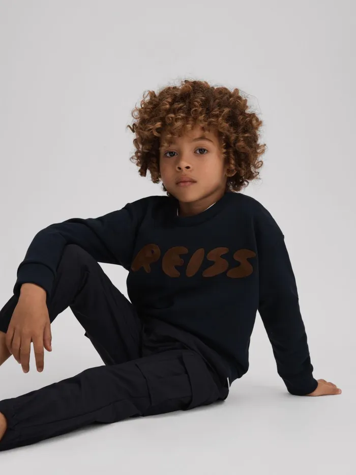 Children Reiss TShirts Bryant Cotton Motif Crew Neck Sweatshirt Navy