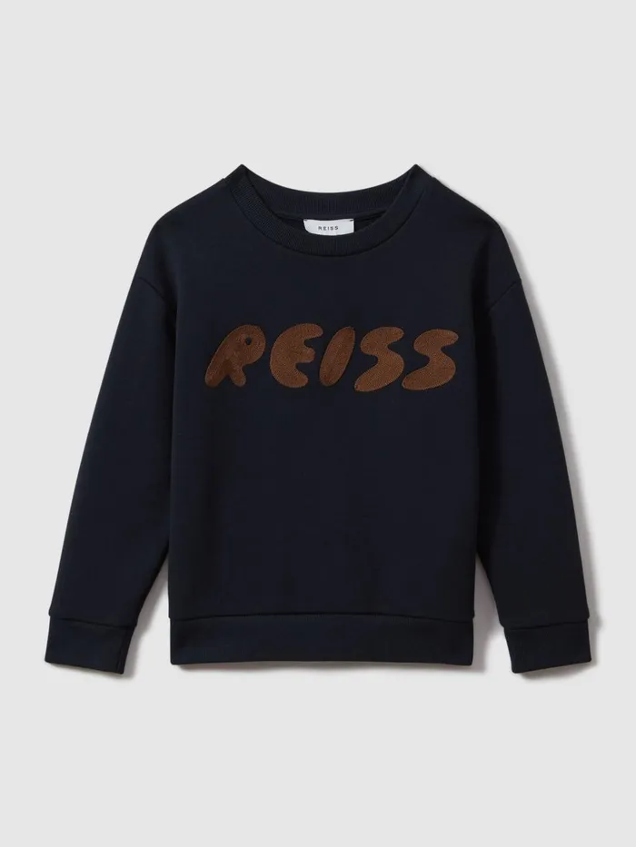 Children Reiss TShirts Bryant Cotton Motif Crew Neck Sweatshirt Navy