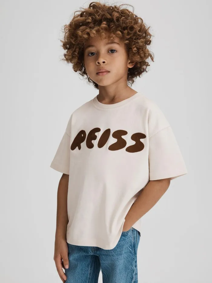 Children Reiss TShirts Sands Cotton Crew Neck Motif TShirt Ecru