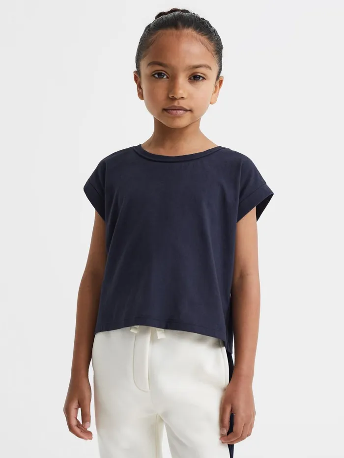 Children Reiss Tops and TShirts Terry Cotton Crew Neck Crop Top Navy