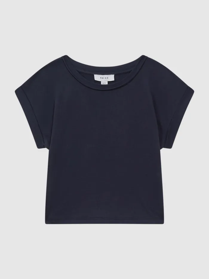 Children Reiss Tops and TShirts Terry Cotton Crew Neck Crop Top Navy