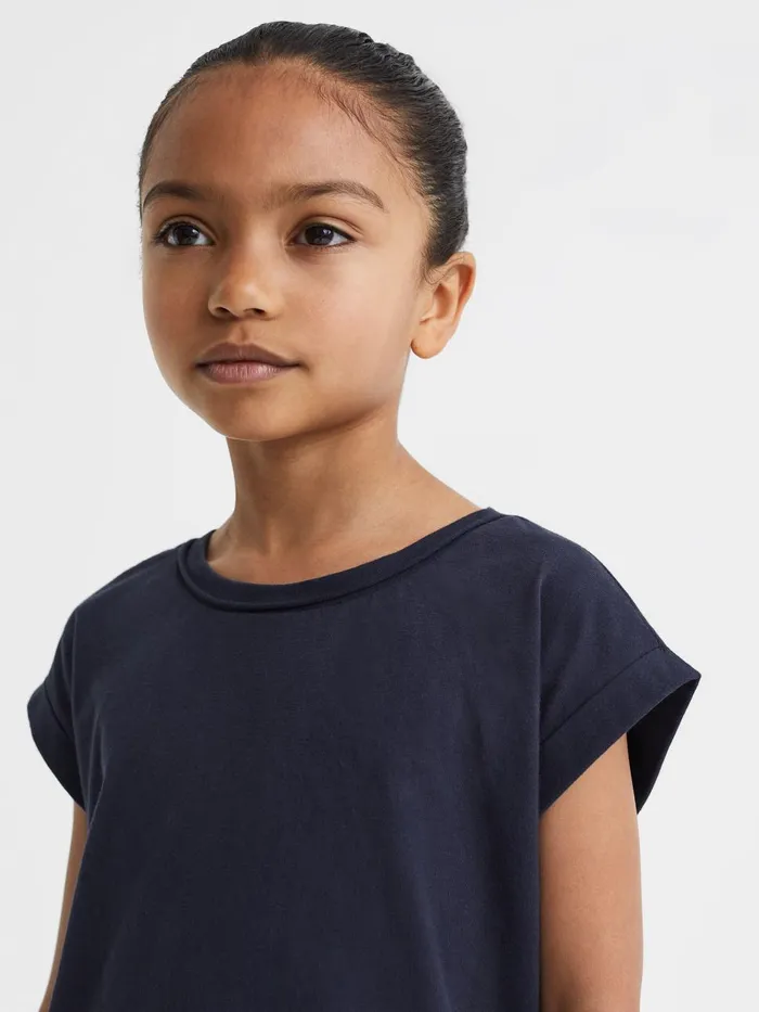 Children Reiss Tops and TShirts Terry Cotton Crew Neck Crop Top Navy
