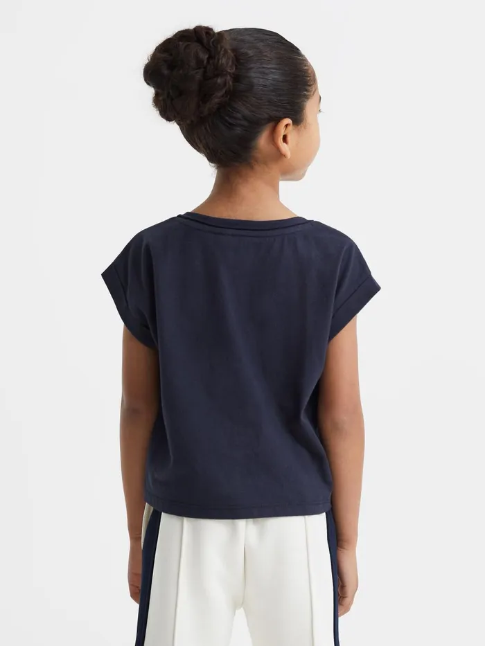 Children Reiss Tops and TShirts Terry Cotton Crew Neck Crop Top Navy