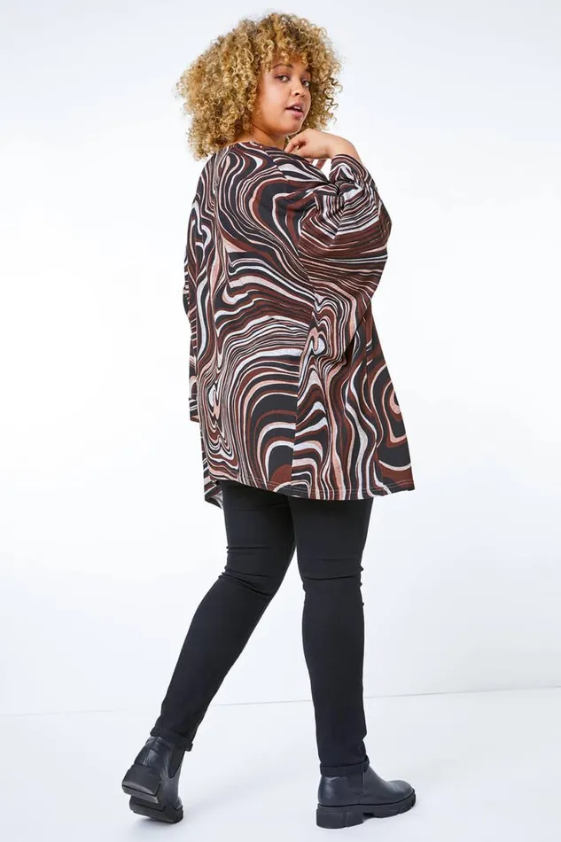Chocolate Curve Swirl Print Batwing Top Women Roman Tops