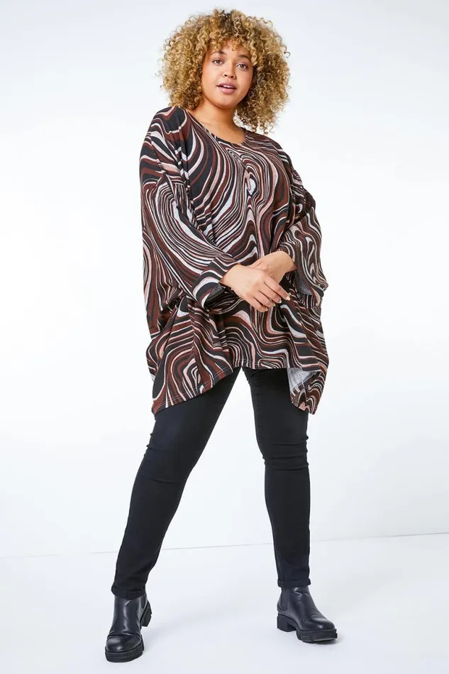 Chocolate Curve Swirl Print Batwing Top Women Roman Tops