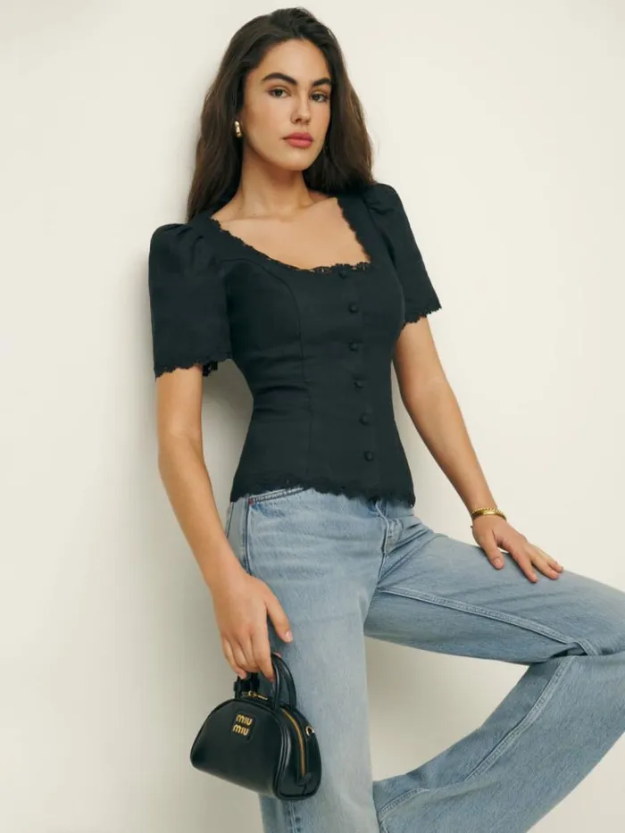 Clothing The Reformation Anabella Linen Top Black