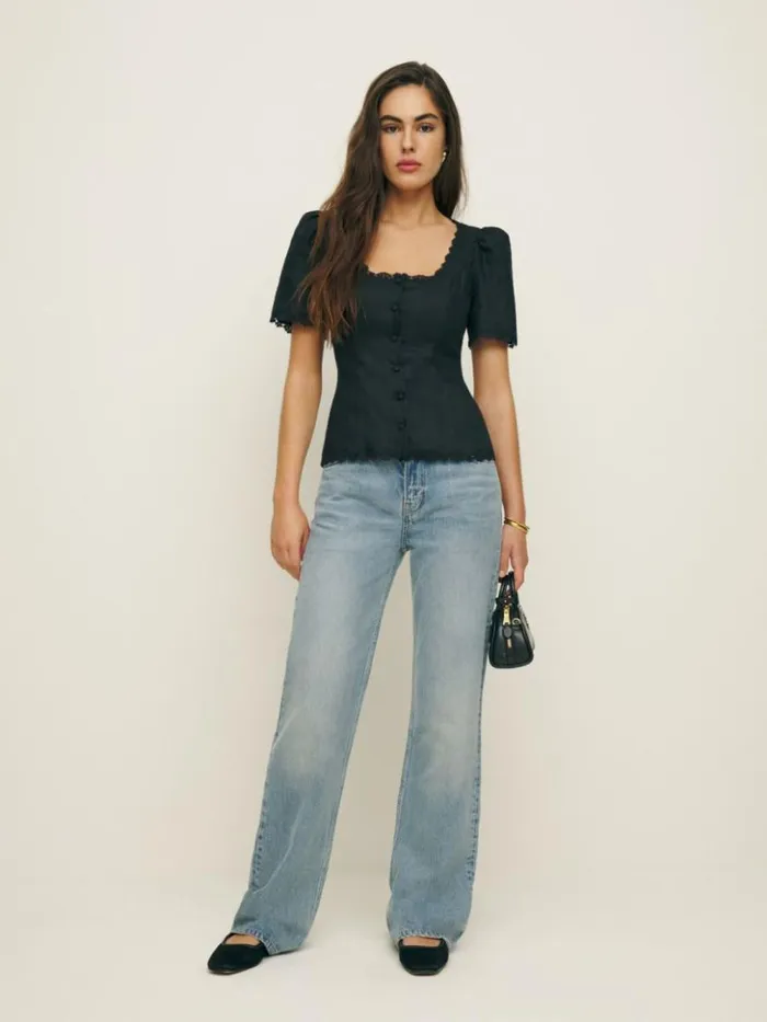 Clothing The Reformation Anabella Linen Top Black