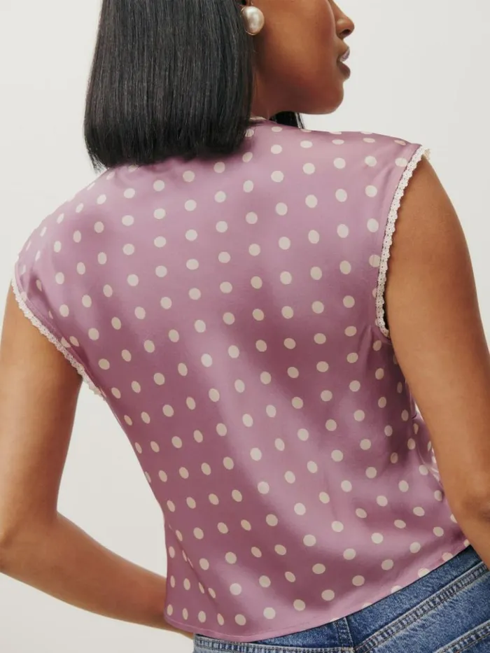 Clothing The Reformation Cherry Silk Top Mauve Dot