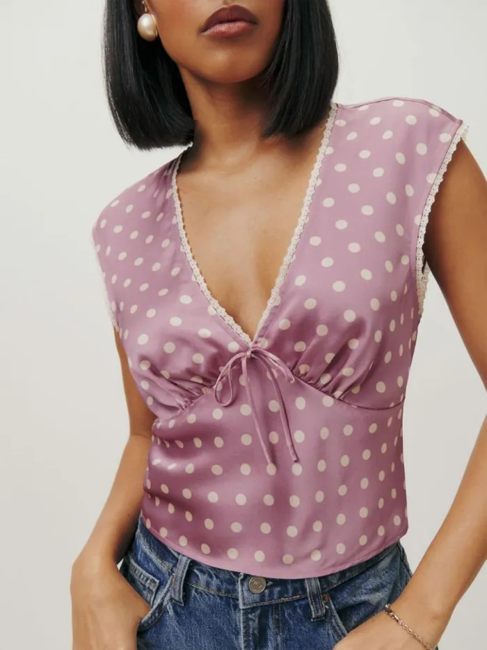 Clothing The Reformation Cherry Silk Top Mauve Dot