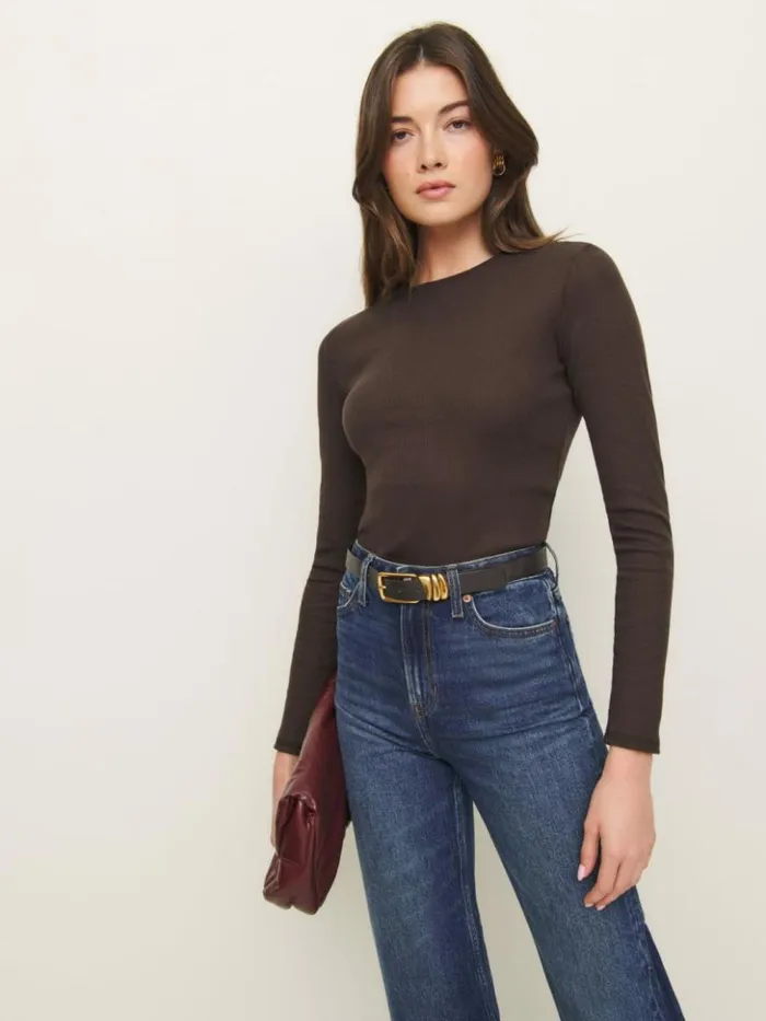 Clothing The Reformation Davy Long Sleeve Crewneck Tee Mole