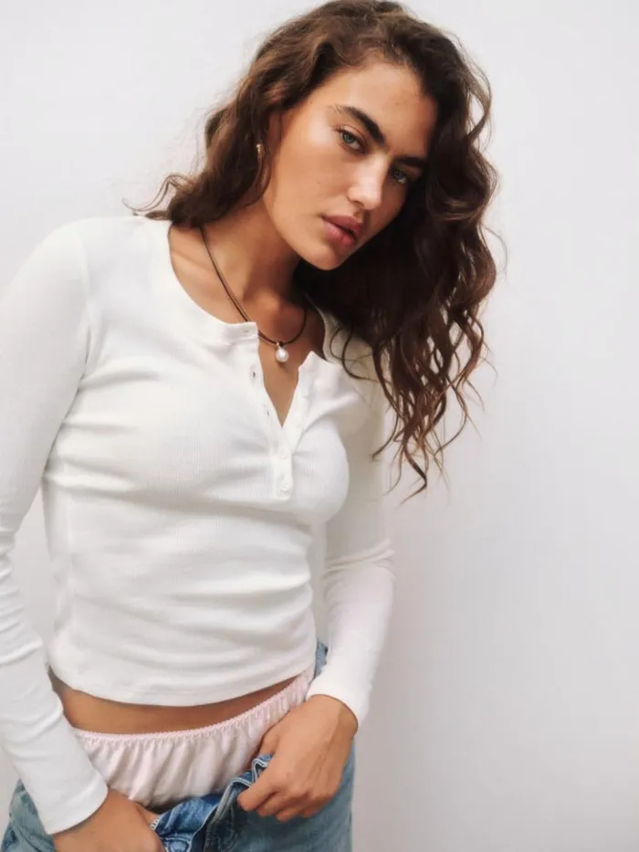 Clothing The Reformation Jayden Long Sleeve Henley Tee White
