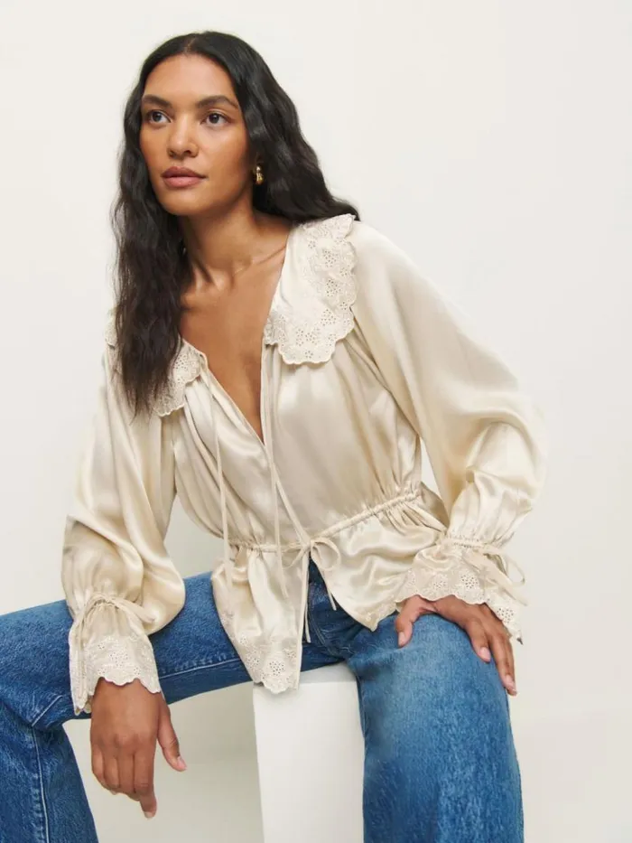 Clothing The Reformation Lillie Silk Top Almond