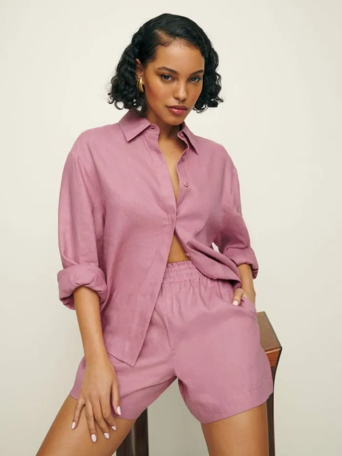 Clothing The Reformation Mila Linen Short Rose Petals