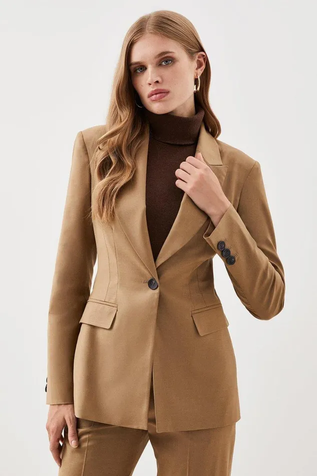 CoOrds Women Karen Millen Lydia Millen Tailored Wool Blend Fitted Blazer and Trouser Set Camel