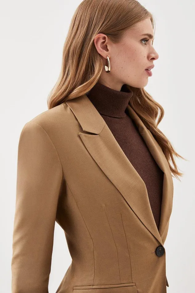 CoOrds Women Karen Millen Lydia Millen Tailored Wool Blend Fitted Blazer and Trouser Set Camel