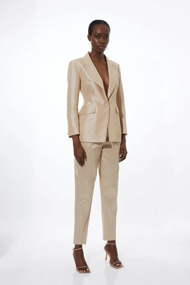CoOrds Women Karen Millen Metallic Taffeta Single Breasted Tailored Blazer and Trouser Set Champagne CoOrds Women Karen Millen Metallic Taffeta Single Breasted Tailored Blazer and Trouser Set Champagne