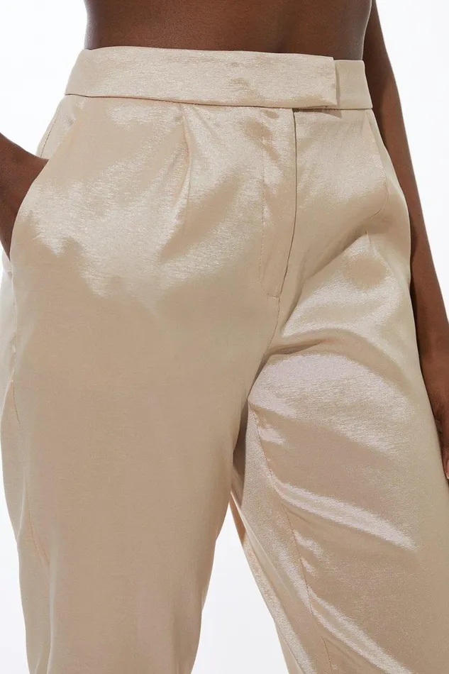 CoOrds Women Karen Millen Metallic Taffeta Single Breasted Tailored Blazer and Trouser Set Champagne