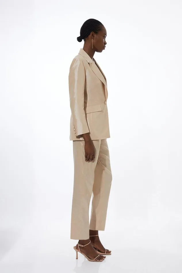 CoOrds Women Karen Millen Metallic Taffeta Single Breasted Tailored Blazer and Trouser Set Champagne