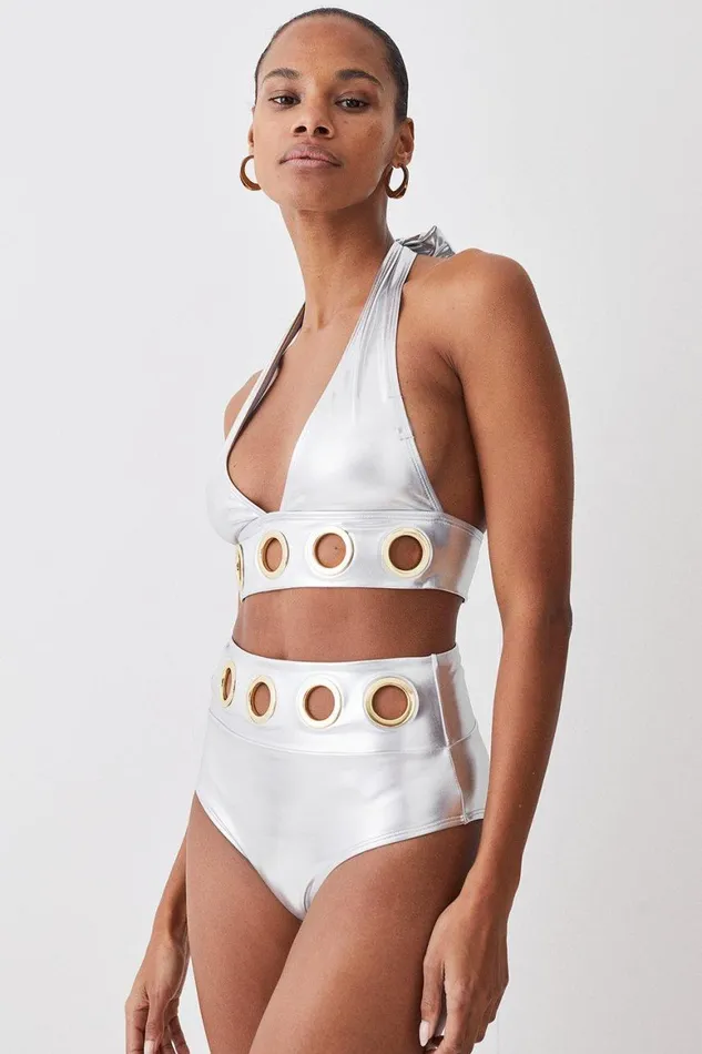 CoOrds Women Karen Millen Silver Lame Eyelet Detail Bikini Set Silver