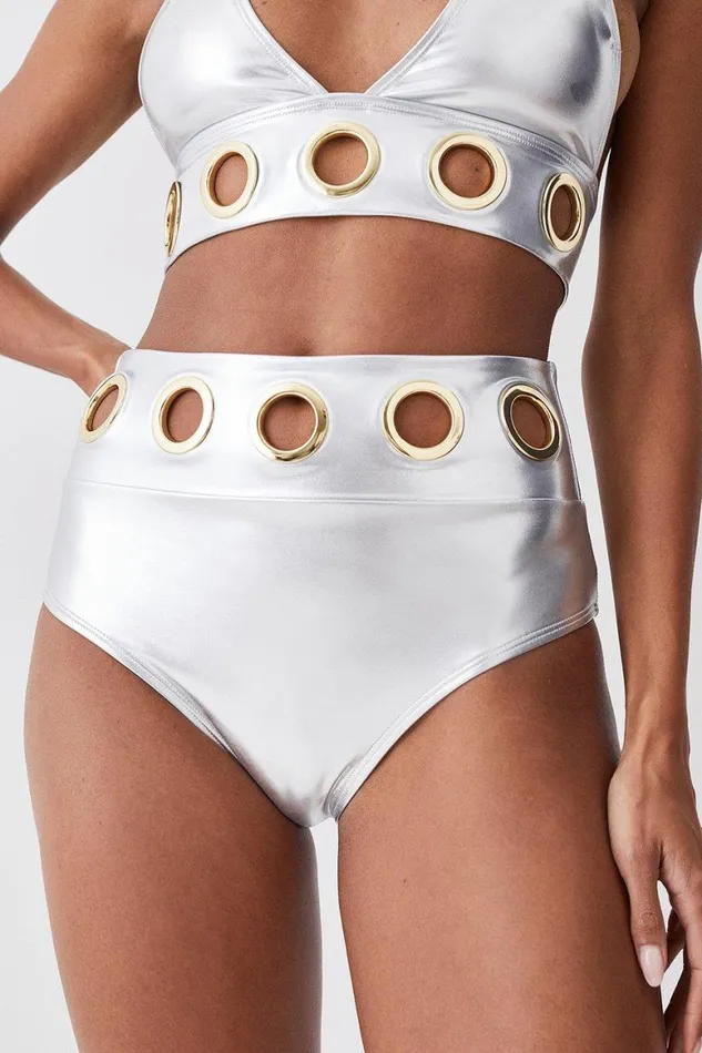 CoOrds Women Karen Millen Silver Lame Eyelet Detail Bikini Set Silver