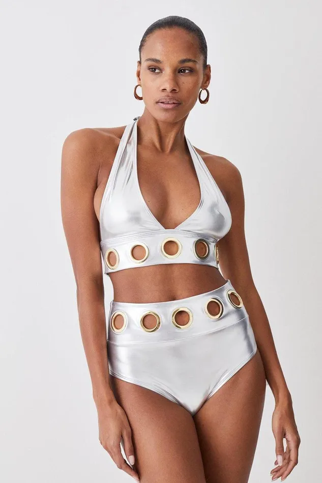 CoOrds Women Karen Millen Silver Lame Eyelet Detail Bikini Set Silver