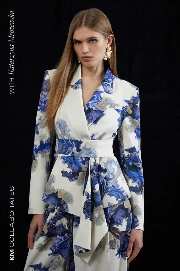 CoOrds Women Karen Millen Tailored Crepe Printed Drape Detail Blazer and Trouser Set Multi CoOrds Women Karen Millen Tailored Crepe Printed Drape Detail Blazer and Trouser Set Multi