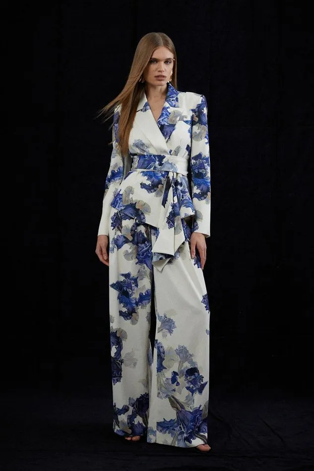CoOrds Women Karen Millen Tailored Crepe Printed Drape Detail Blazer and Trouser Set Multi