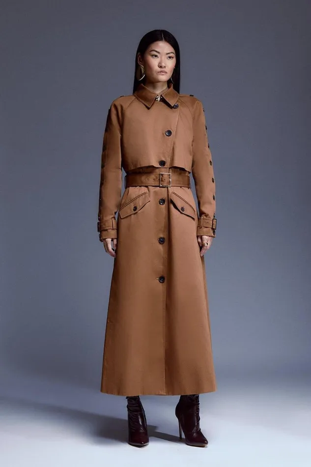 Coats and Jackets Women Karen Millen Button Detail Belted Maxi Trench Coat Brown
