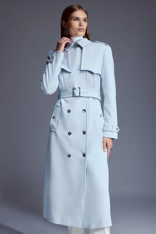 Coats and Jackets Women Karen Millen Compact Stretch Belted Trench Coat Pale Blue