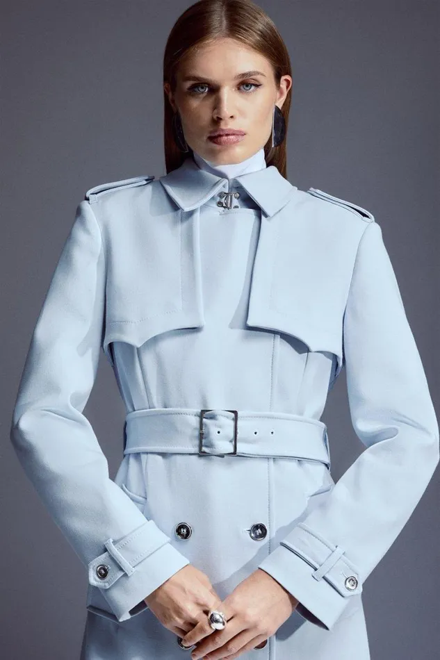 Coats and Jackets Women Karen Millen Compact Stretch Belted Trench Coat Pale Blue