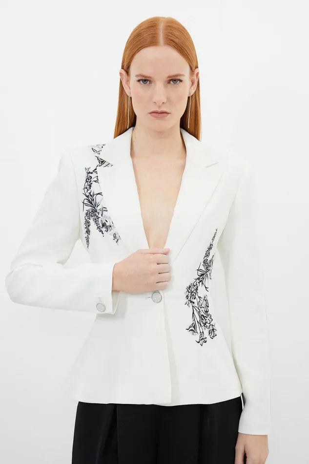 Coats and Jackets Women Karen Millen Compact Viscose Tailored Peplum Embroidered Blazer Ivory Coats and Jackets Women Karen Millen Compact Viscose Tailored Peplum Embroidered Blazer Ivory