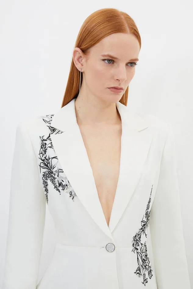 Coats and Jackets Women Karen Millen Compact Viscose Tailored Peplum Embroidered Blazer Ivory
