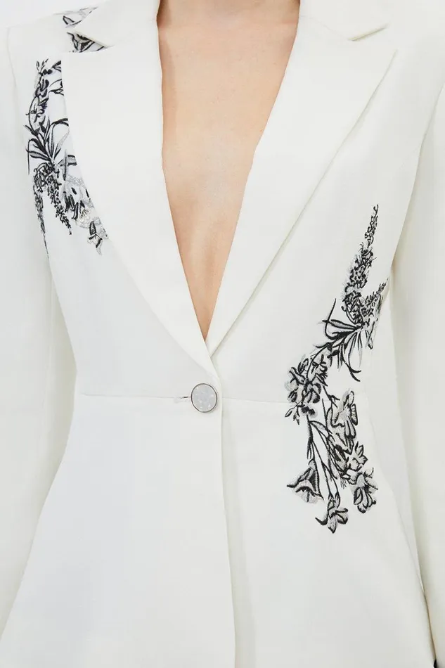 Coats and Jackets Women Karen Millen Compact Viscose Tailored Peplum Embroidered Blazer Ivory