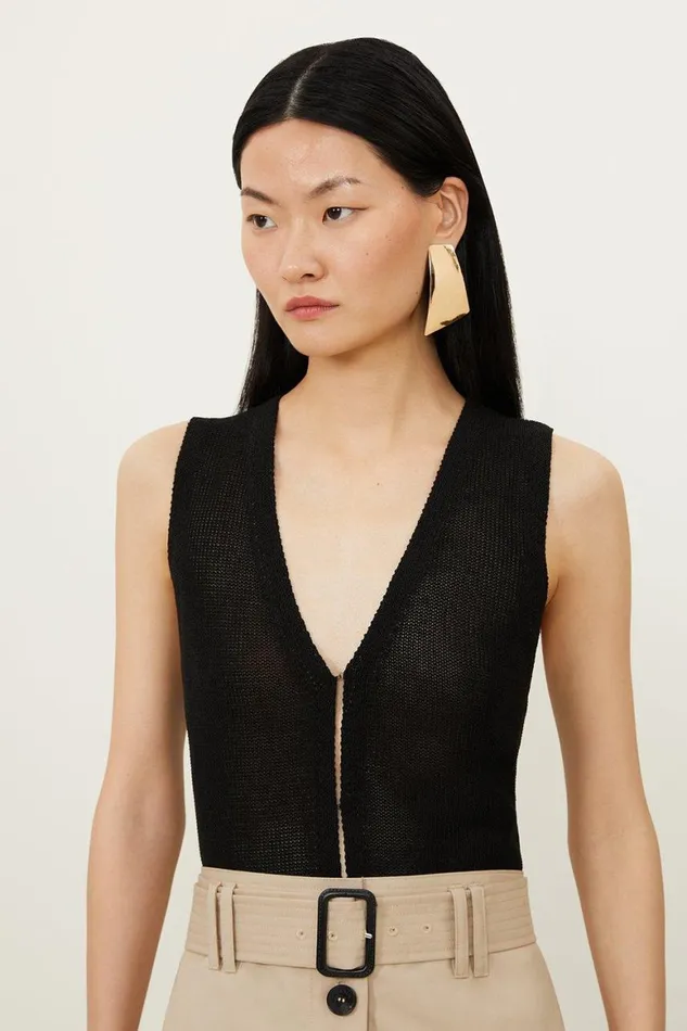 Coats and Jackets Women Karen Millen Corded Cotton Blend Knit Waistcoat Black