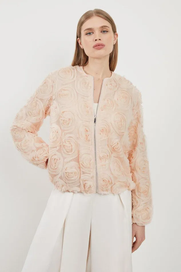Coats and Jackets Women Karen Millen Crinkle Rosette Woven Bomber Jacket Blush Coats and Jackets Women Karen Millen Crinkle Rosette Woven Bomber Jacket Blush