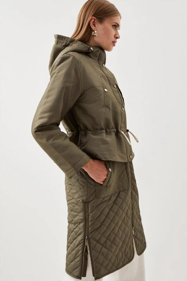 Coats and Jackets Women Karen Millen Faux Fur Lined Hybrid Longline Trench Coat Khaki